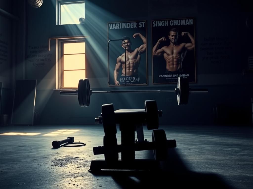 Flick International A deserted gym scene with a weightlifting bench and heavy dumbbells, reflecting the legacy of bodybuilder Varinder Singh Ghuman.
