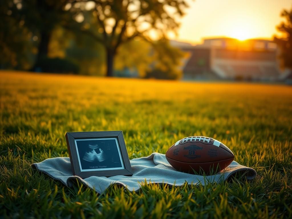 Flick International Framed ultrasound photo on a blanket in a sunlit grassy field