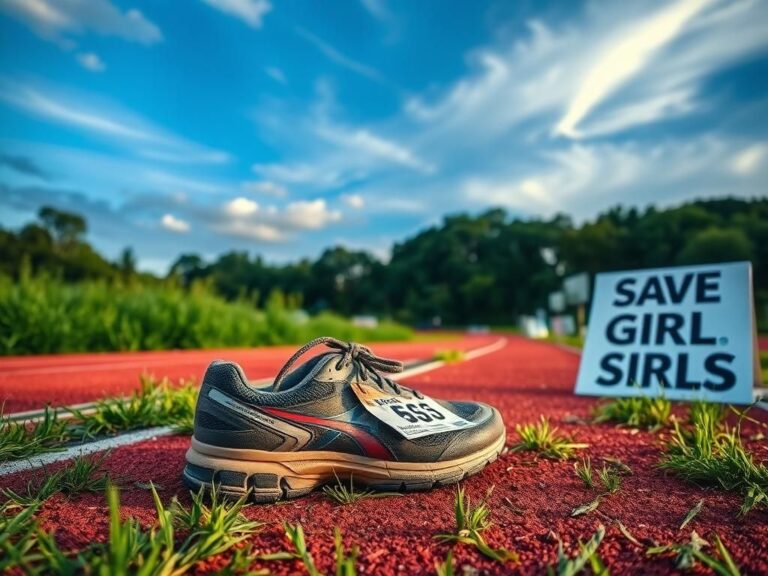 Flick International Pair of weathered running shoes on a cross-country track surrounded by greenery