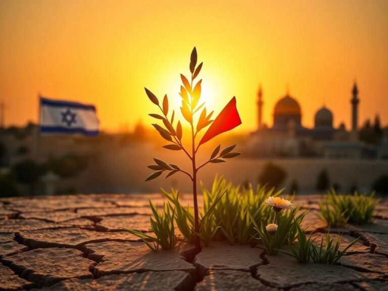 Flick International Olive branch entwined with Israel and Palestine flags against a sunset