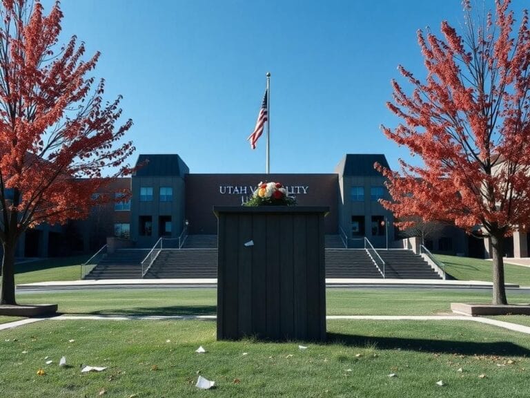 Flick International Somber outdoor scene at Utah Valley University with an American flag at half-mast