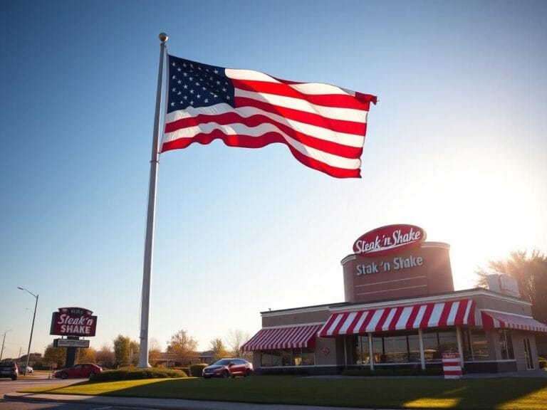 Flick International Large American flag billowing in the wind above a Steak 'n Shake restaurant