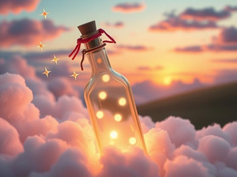 Flick International A whimsical vintage-style bottle glowing softly, surrounded by dreamy clouds and sparkling stars.