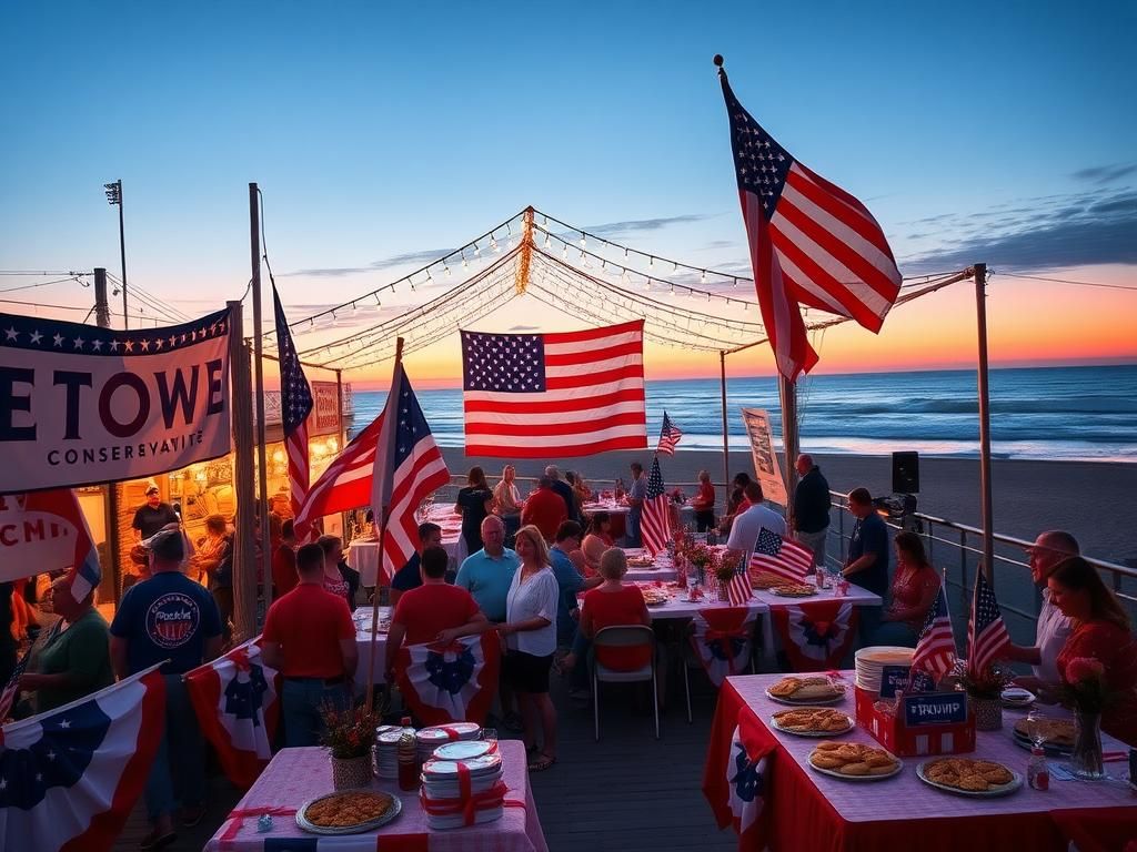 Flick International A lively outdoor rally scene on Wildwood boardwalk featuring colorful conservative banners and an American flag