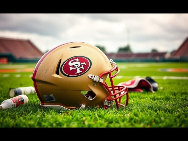 Flick International Close-up of a San Francisco 49ers helmet on a football field with vivid turf markings