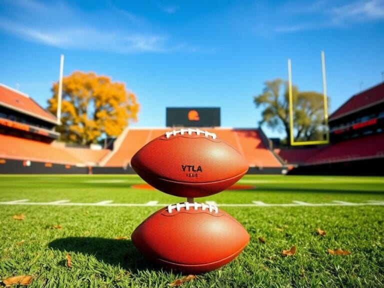 Flick International NFL football field under a clear blue sky with Cleveland Browns logos in the end zones and a scuffed football on a tee