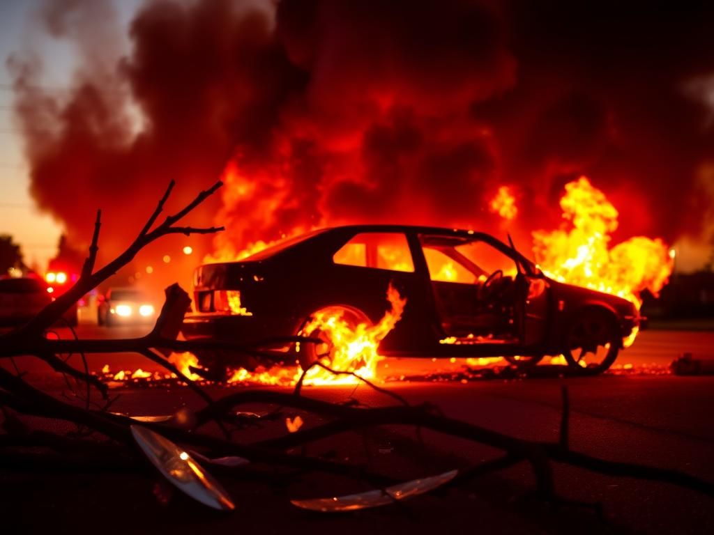 Flick International Charred vehicle engulfed in flames showcasing the aftermath of a car crash