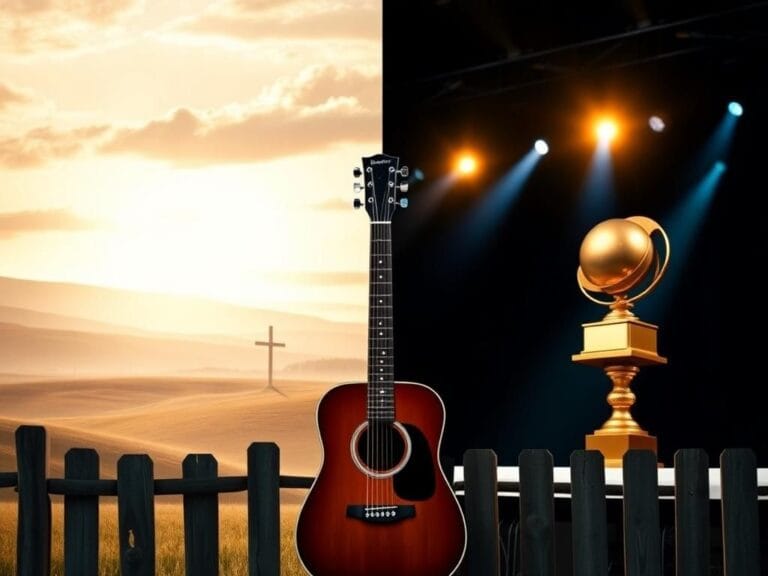 Flick International A split scene showing contrasting themes of faith and awards in the music industry with a guitar symbolizing the connection between both worlds.