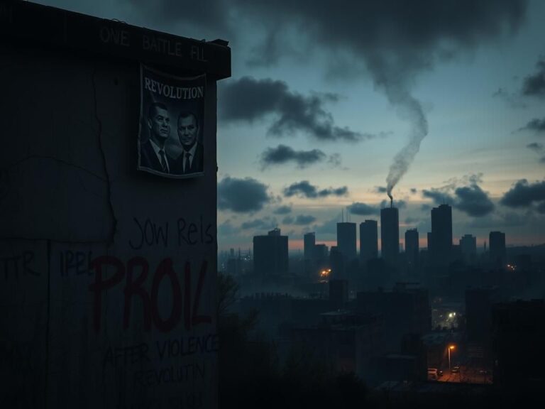 Flick International dark cityscape depicting political unrest with graffiti and a broken banner