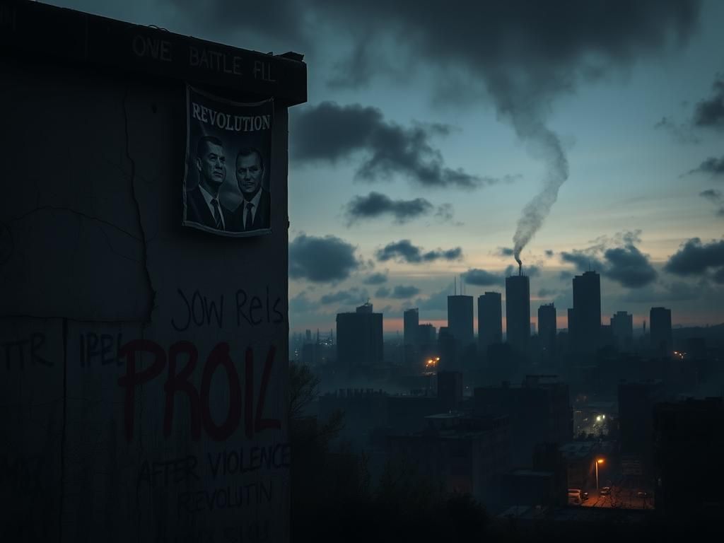 Flick International dark cityscape depicting political unrest with graffiti and a broken banner