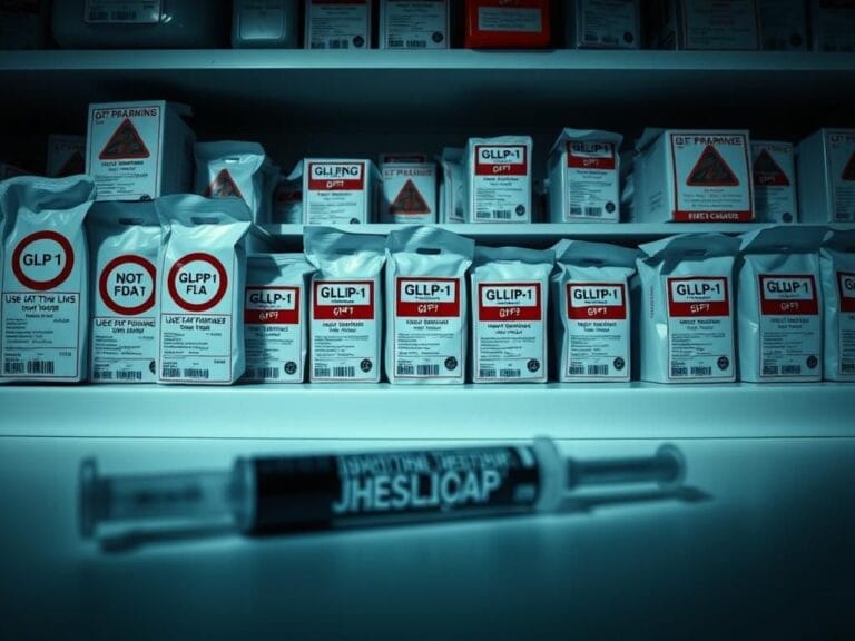 Flick International Pharmacy shelf filled with unregulated GLP-1 drugs, some labeled with warning signs.