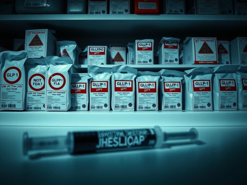 Flick International Pharmacy shelf filled with unregulated GLP-1 drugs, some labeled with warning signs.