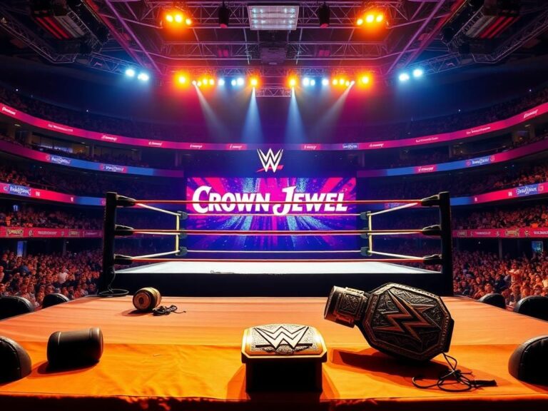 Flick International Empty wrestling ring with colorful LED backdrop at Crown Jewel event