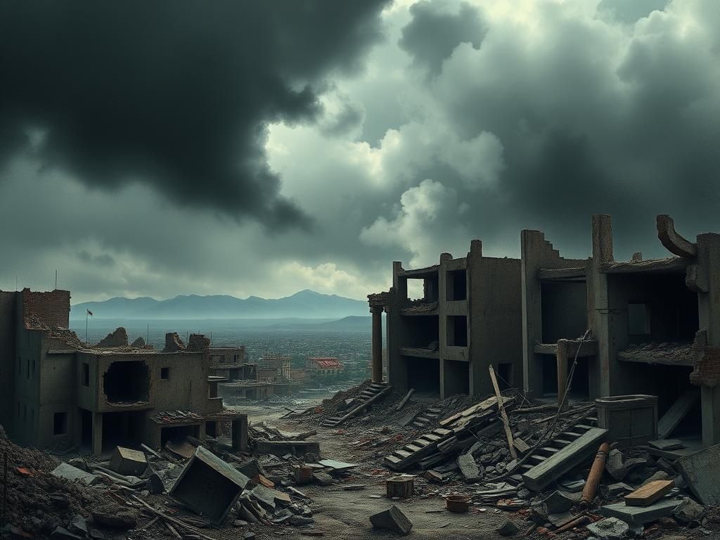 Flick International Dramatic scene of a war-torn urban landscape with crumbling buildings and dark clouds