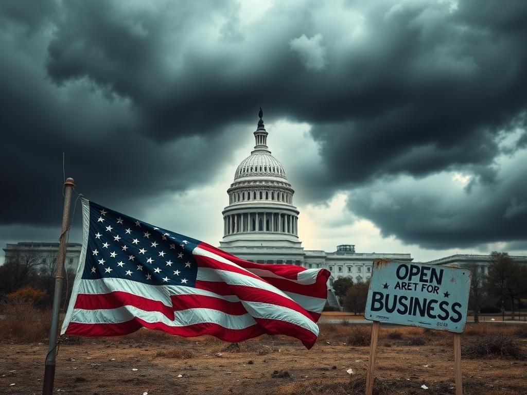 Flick International A weathered American flag in front of the U.S. Capitol building under dark storm clouds