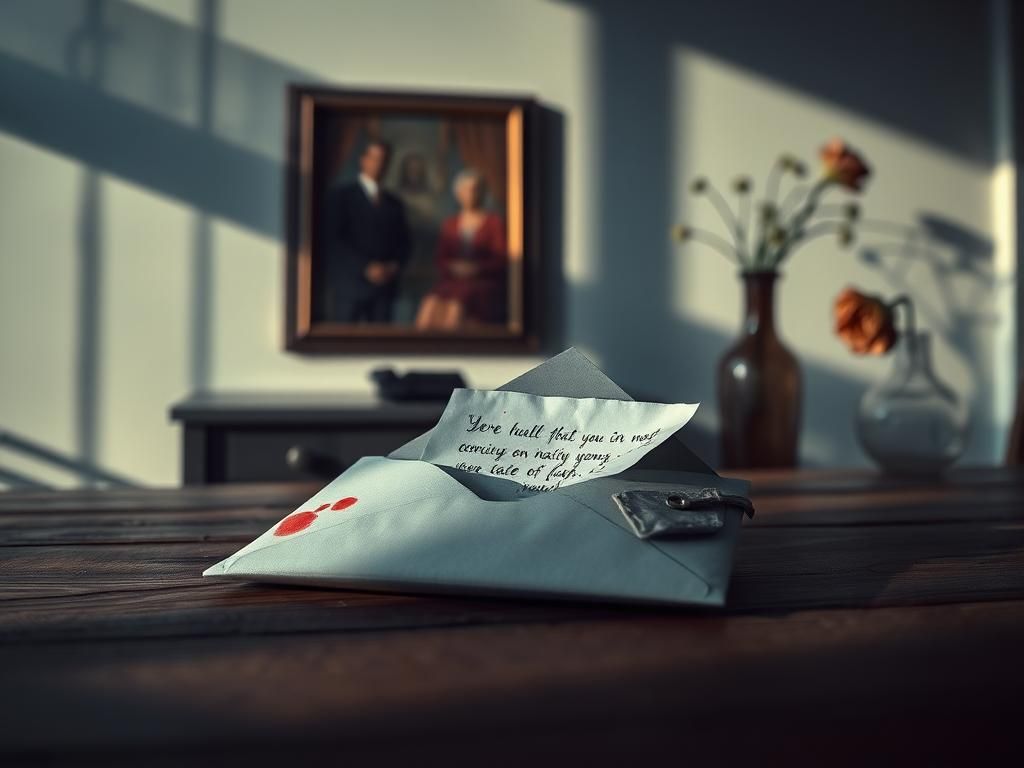 Flick International Open envelope on wooden table with threatening letter partially visible