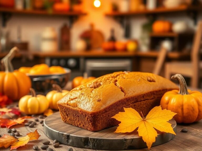 Flick International Freshly baked pumpkin bread surrounded by small pumpkins and colorful autumn leaves