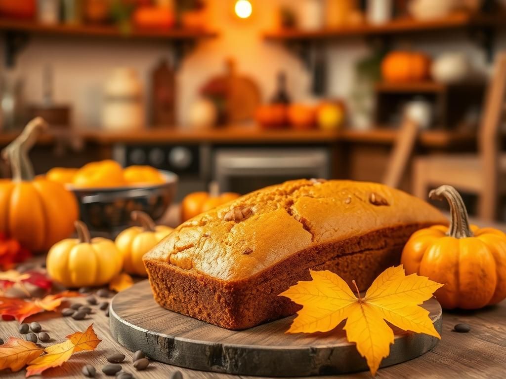 Flick International Freshly baked pumpkin bread surrounded by small pumpkins and colorful autumn leaves