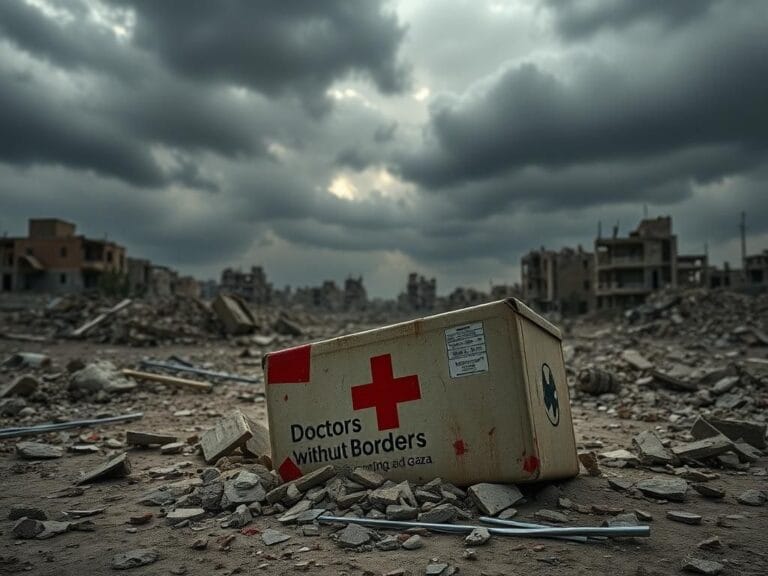Flick International A battered medical aid box from Doctors Without Borders partially buried in rubble, symbolizing the devastation in Gaza