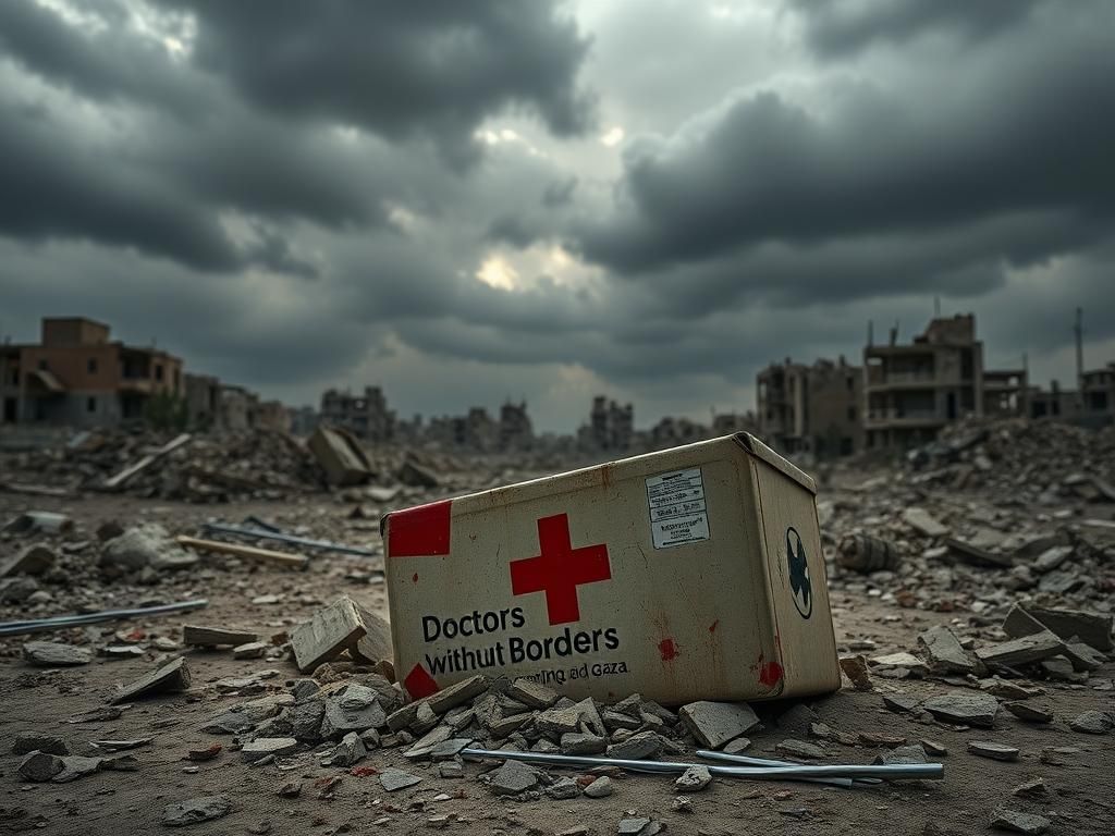 Flick International A battered medical aid box from Doctors Without Borders partially buried in rubble, symbolizing the devastation in Gaza