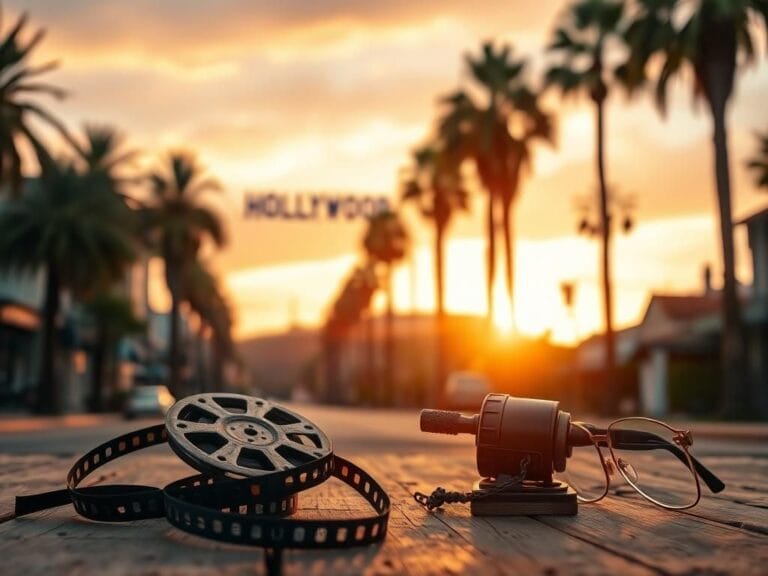 Flick International Vintage film reel and nostalgic Hollywood setting with palm trees and an Oscar statuette
