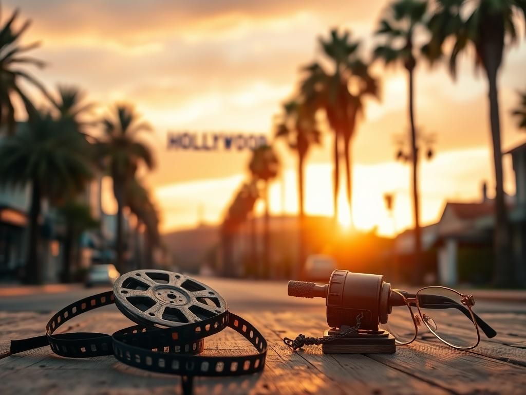 Flick International Vintage film reel and nostalgic Hollywood setting with palm trees and an Oscar statuette