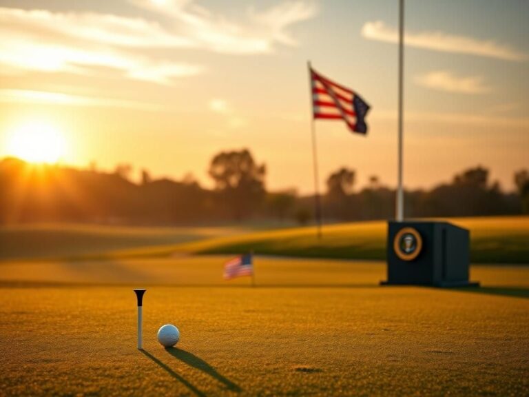 Flick International A serene golf course at sunrise with a golf tee and ball in the foreground symbolizing Phil Mickelson's legacy