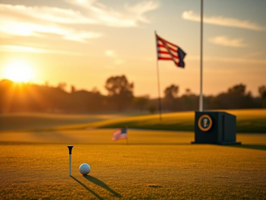 Flick International A serene golf course at sunrise with a golf tee and ball in the foreground symbolizing Phil Mickelson's legacy