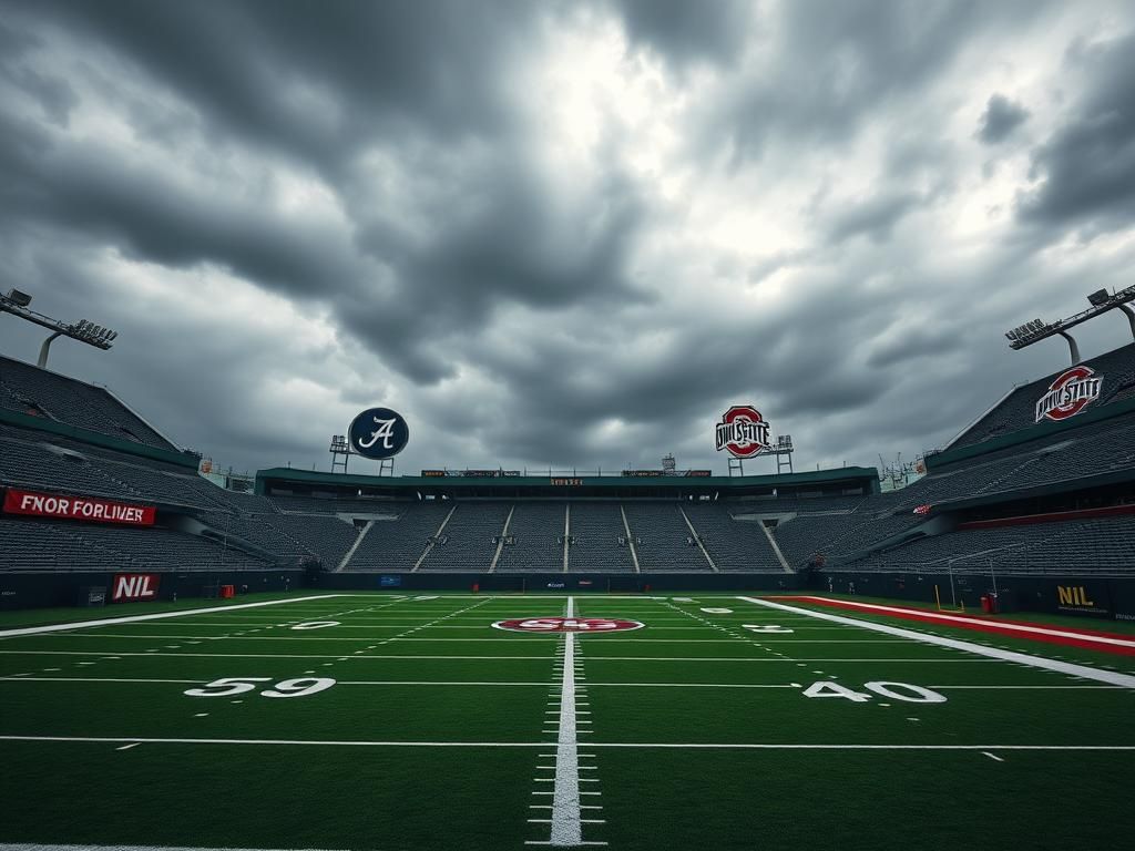 Flick International A college football stadium under a moody, overcast sky with a vibrant green field marked with yard lines.