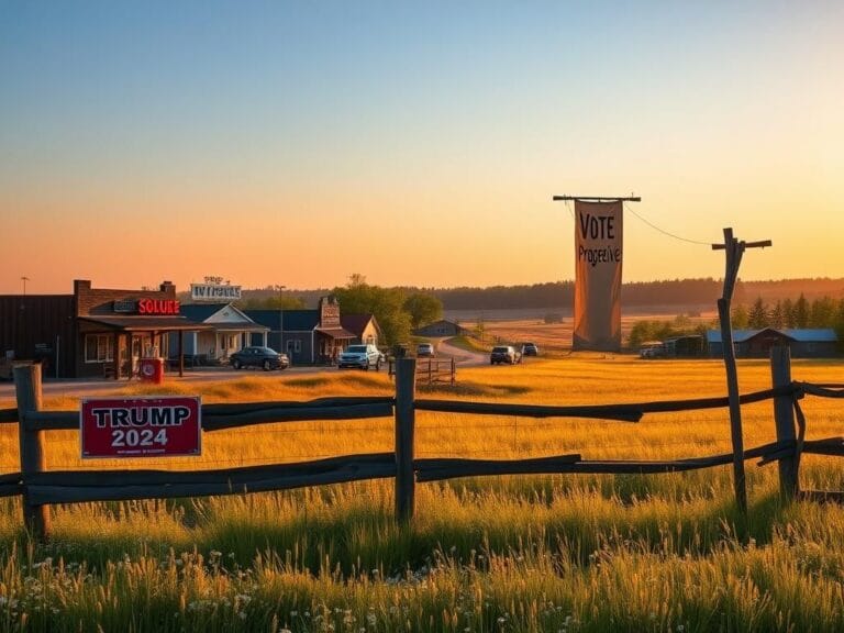 Flick International A rustic rural landscape featuring a quaint main street, a vintage gas station, and contrasting political symbols in the fields.