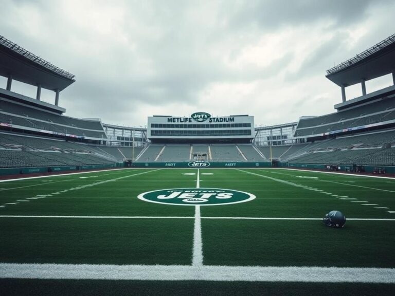 Flick International Empty MetLife Stadium with the New York Jets logo visible on the field under a cloudy sky