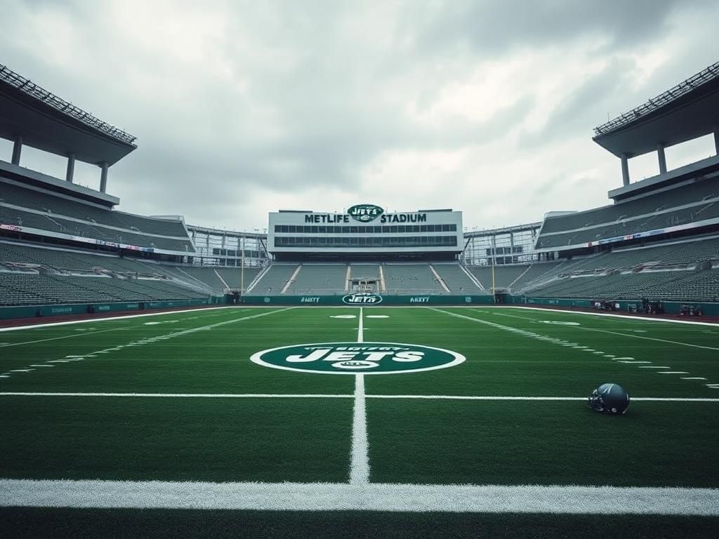 Flick International Empty MetLife Stadium with the New York Jets logo visible on the field under a cloudy sky