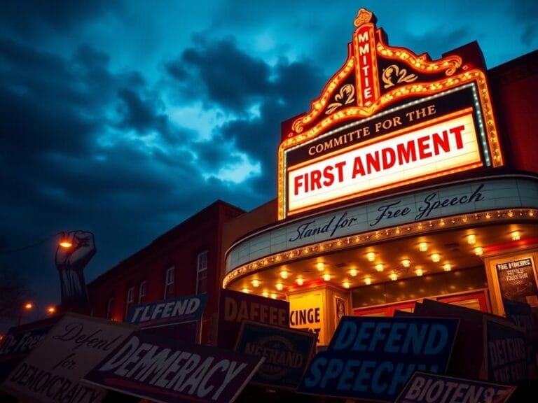 Flick International Vintage theater marquee showcasing 'Committee for the First Amendment' against a dark sky