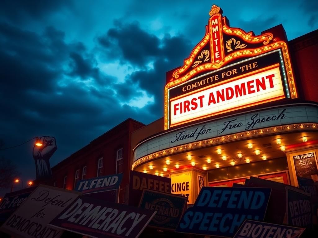 Flick International Vintage theater marquee showcasing 'Committee for the First Amendment' against a dark sky