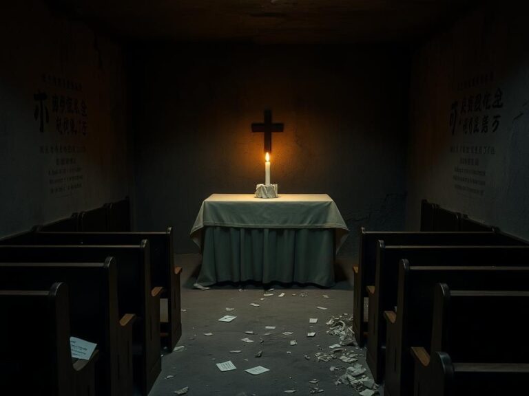 Flick International Dimly lit underground church space with empty wooden pews and a flickering candle on the altar