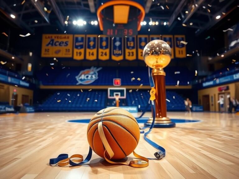 Flick International A championship trophy and basketball with a gold medal on a wooden floor following the WNBA title celebration.