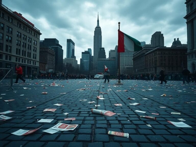 Flick International Empty cobblestones in Manhattan square with protest signs and security barrier