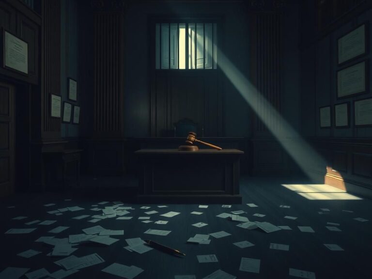 Flick International A dimly lit courtroom with an empty judge’s bench symbolizing the aftermath of judicial crisis