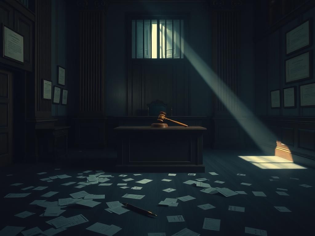 Flick International A dimly lit courtroom with an empty judge’s bench symbolizing the aftermath of judicial crisis