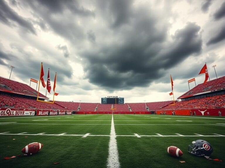 Flick International A dramatic scene at the Cotton Bowl with an empty football field showcasing Oklahoma's crimson and Texas's burnt orange.
