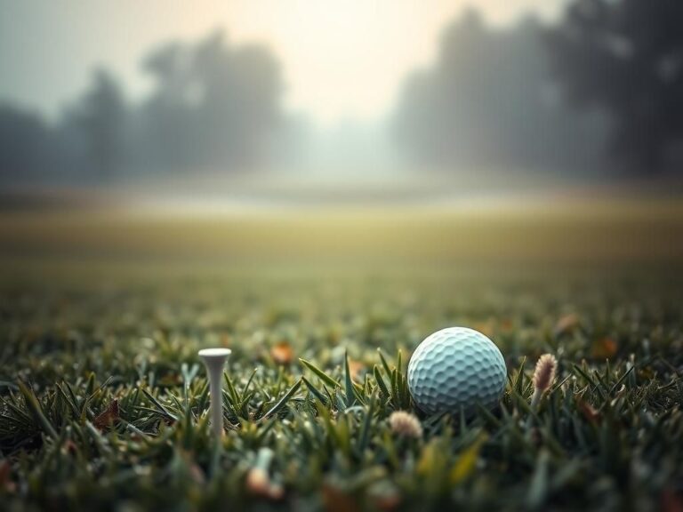 Flick International Close-up of a golf course with a foggy morning atmosphere, featuring a golf tee and ball on a lush fairway