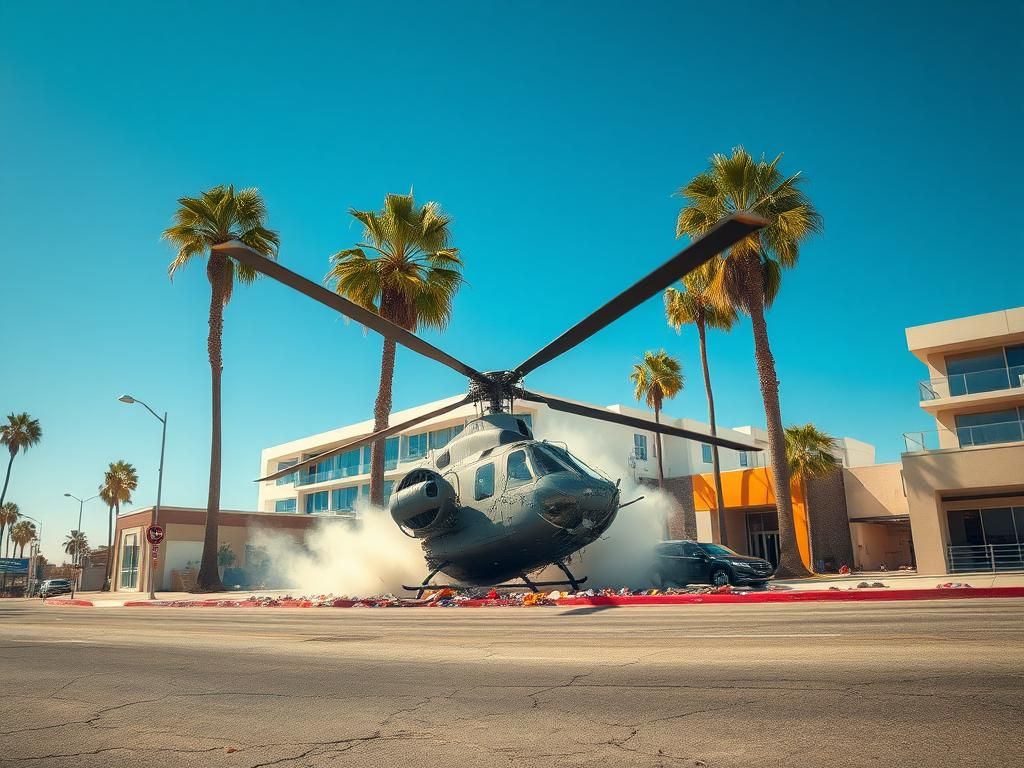 Flick International A mangled helicopter wedged between a building and palm trees in Southern California after a crash