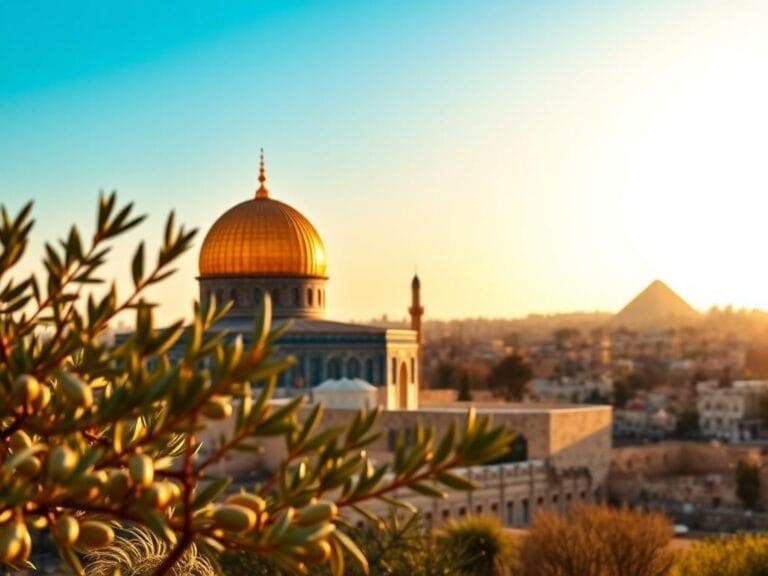 Flick International Scenic view of Jerusalem's iconic skyline at sunrise with the Dome of the Rock and pyramids of Giza in the background