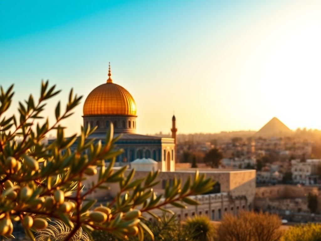 Flick International Scenic view of Jerusalem's iconic skyline at sunrise with the Dome of the Rock and pyramids of Giza in the background