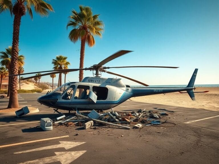 Flick International Helicopter wreckage in Huntington Beach parking lot after a crash
