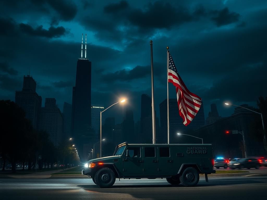 Flick International Nighttime skyline of Chicago with the silhouette of Willis Tower and a National Guard vehicle