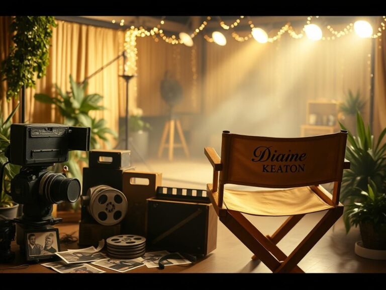 Flick International Serene Hollywood-inspired scene with vintage film memorabilia paying tribute to Diane Keaton