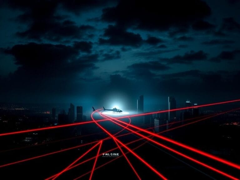 Flick International Dramatic night scene over a city skyline with a helipad illuminated by laser lights