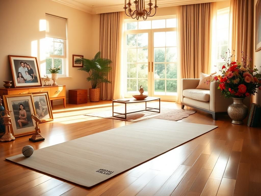 Flick International A serene living room with a yoga mat and family memorabilia, symbolizing Hilaria Baldwin's lifestyle.