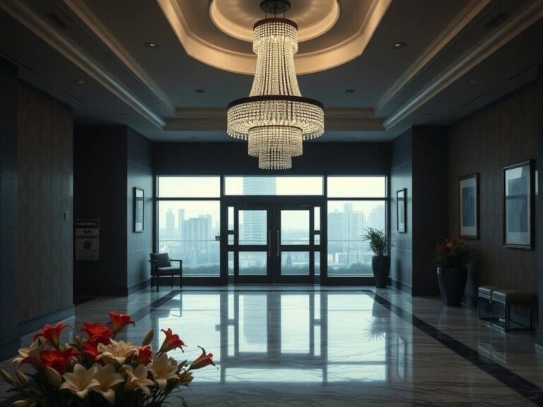 Flick International Upscale assisted living facility lobby with luxurious marble flooring and a grand chandelier